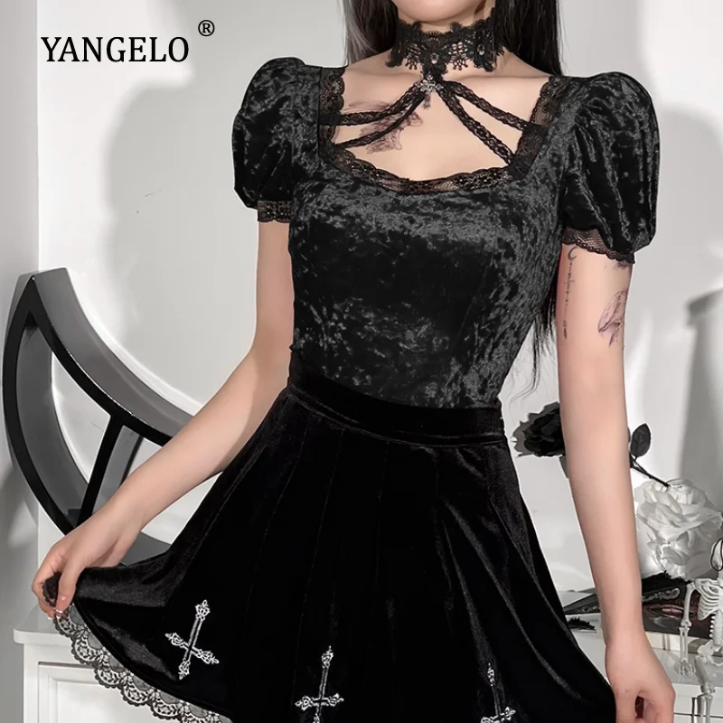 

Винтажный кружевной топ Yangelo с лямкой на шее, асимметричный кроп-топ, летние Сексуальные облегающие футболки для E-Girl, готические черные барх...