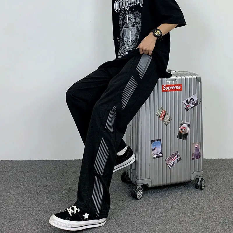 

New Arrival Spring Autumn Women Elastic Waist Striped Print Full Length Pants Casual Loose High Waist Cotton Straight Pants P392