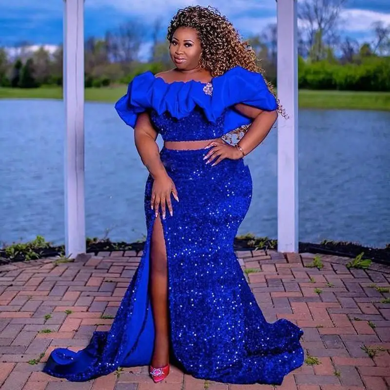 

African Sexy Two Piece Royal Blue Prom Dresses Off Shoulder Sequined Beaded High Side Split Formal Evening Gowns For Black Girls
