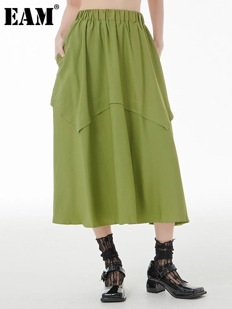 

[EAM] High Elastic Waist Green Brief Spliced Casual A-line Half-body Skirt Women Fashion Tide New Spring Autumn 2022 1DE9788