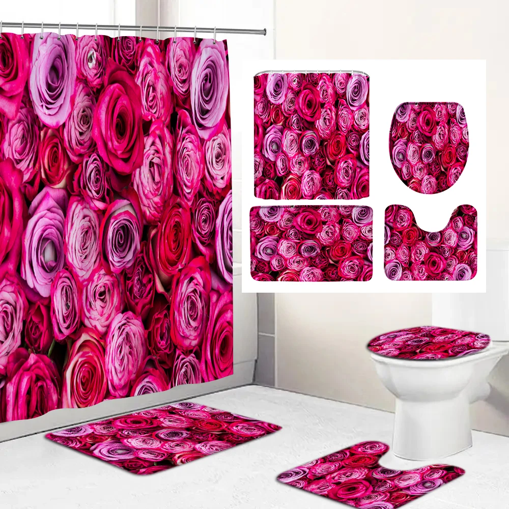 

High Quality Rose Flowers Fabric Shower Curtains Bathroom Curtain Flower Anti-skid Bath Rug Carpet Toilet Lid Cover Bath Mat Set