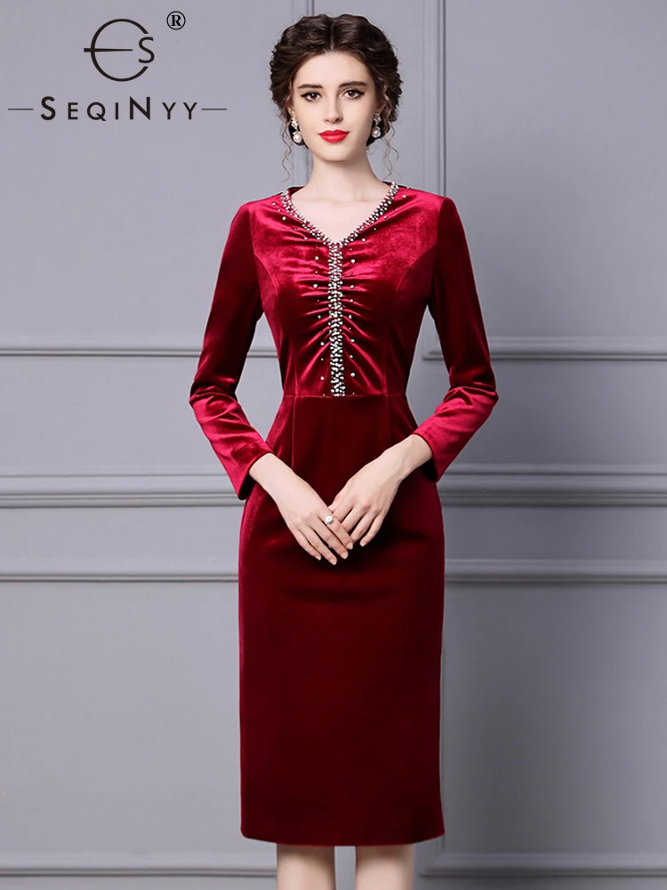 

Женское Бархатное Платье До Колена SEQINYY, элегантное модельное облегающее эластичное офисное платье с бисером, весна-осень