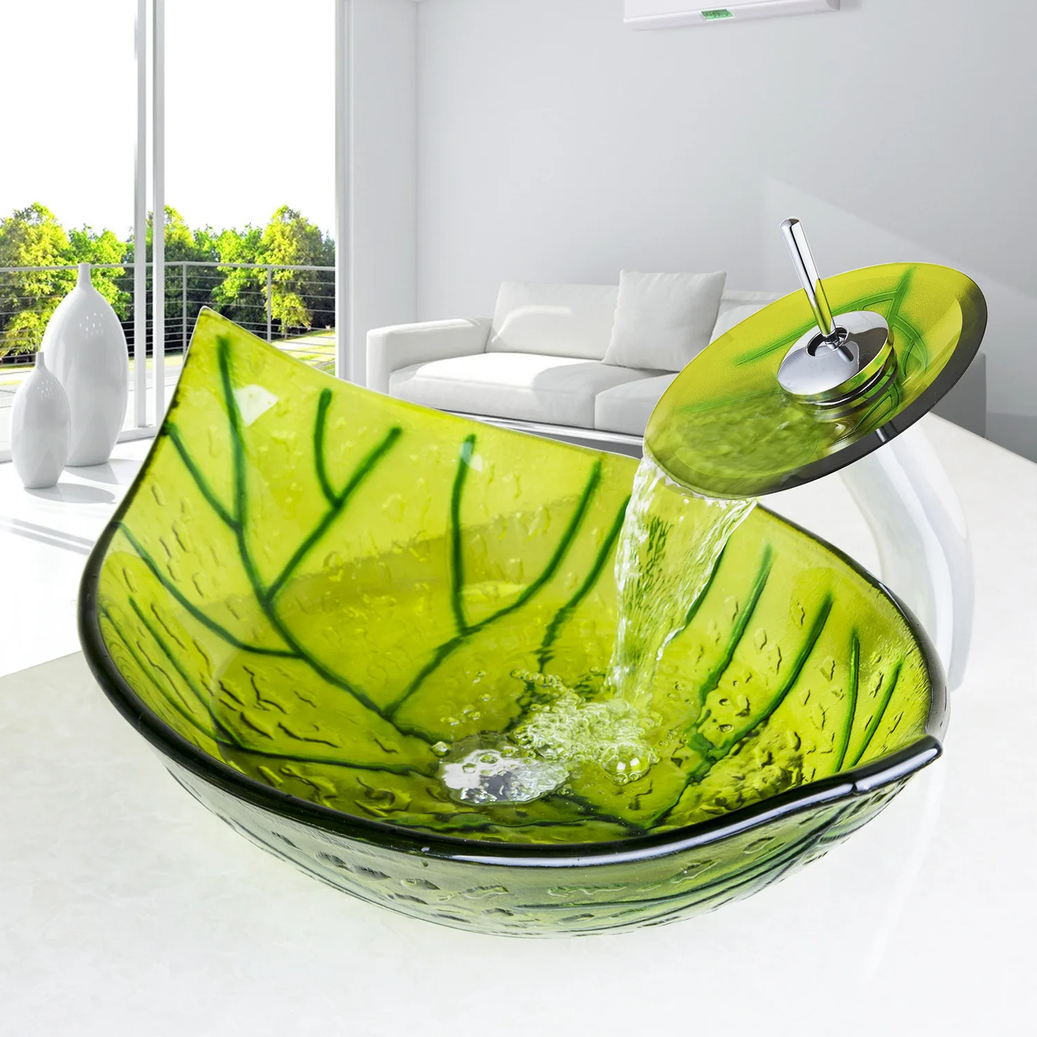 

Tempered Glass Washbasin Artistic Basin Leaf Shaped Glass bathroom sinks glass sink bowls bathroom wash basin
