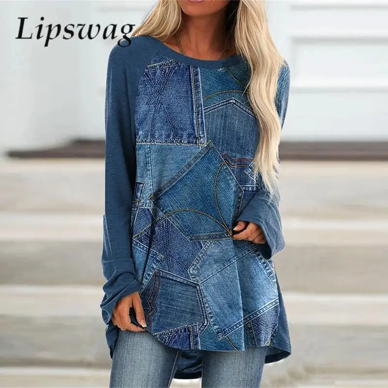 

Autumn Winter Long Sleeve Women's Sweatshirt Tops Vintage Denim Print Loose Pullover Shirt Fashion Round Neck Casual Tee Blouse