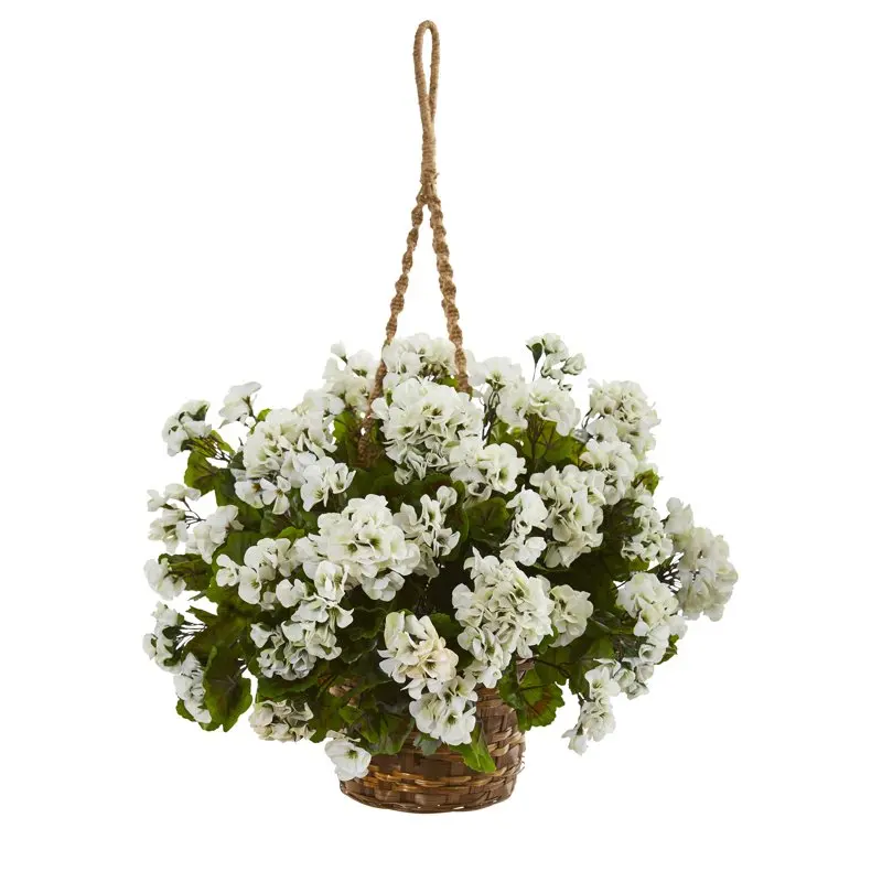 

19" Plastic White Geranium Hanging Basket Artificial Plant UV Resistant
