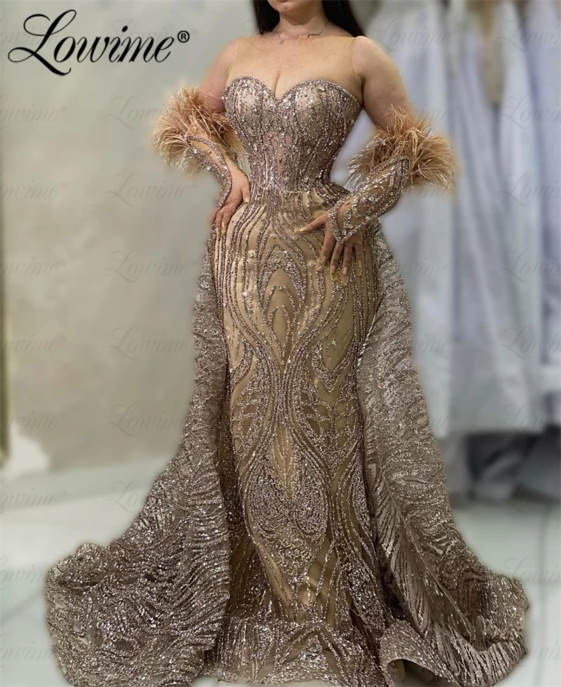 

Коричневые блестящие Роскошные вечерние платья Дубая, прозрачные перчатки с воротником и кристаллами и перьями, платье с юбкой-годе со съемной юбкой