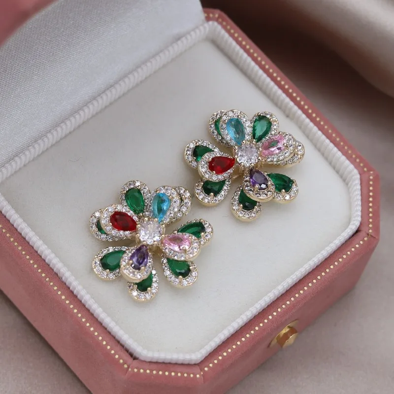 

Korea's new design fashion jewelry 14K gold plated sweet zircon double-layer flower earrings elegant women's party accessories