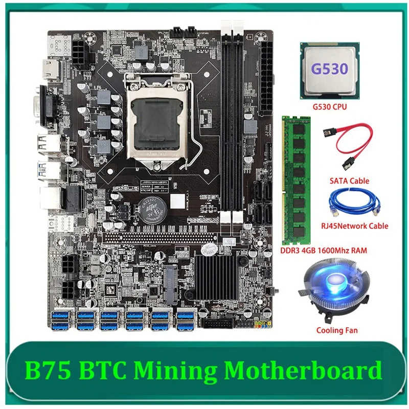 

Материнская плата B75 ETH для майнинга с 12 PCIE на USB LGA1155 с процессором G530 + DDR3 4 Гб 1600 МГц ОЗУ + вентилятор охлаждения B75 BTC Майнер