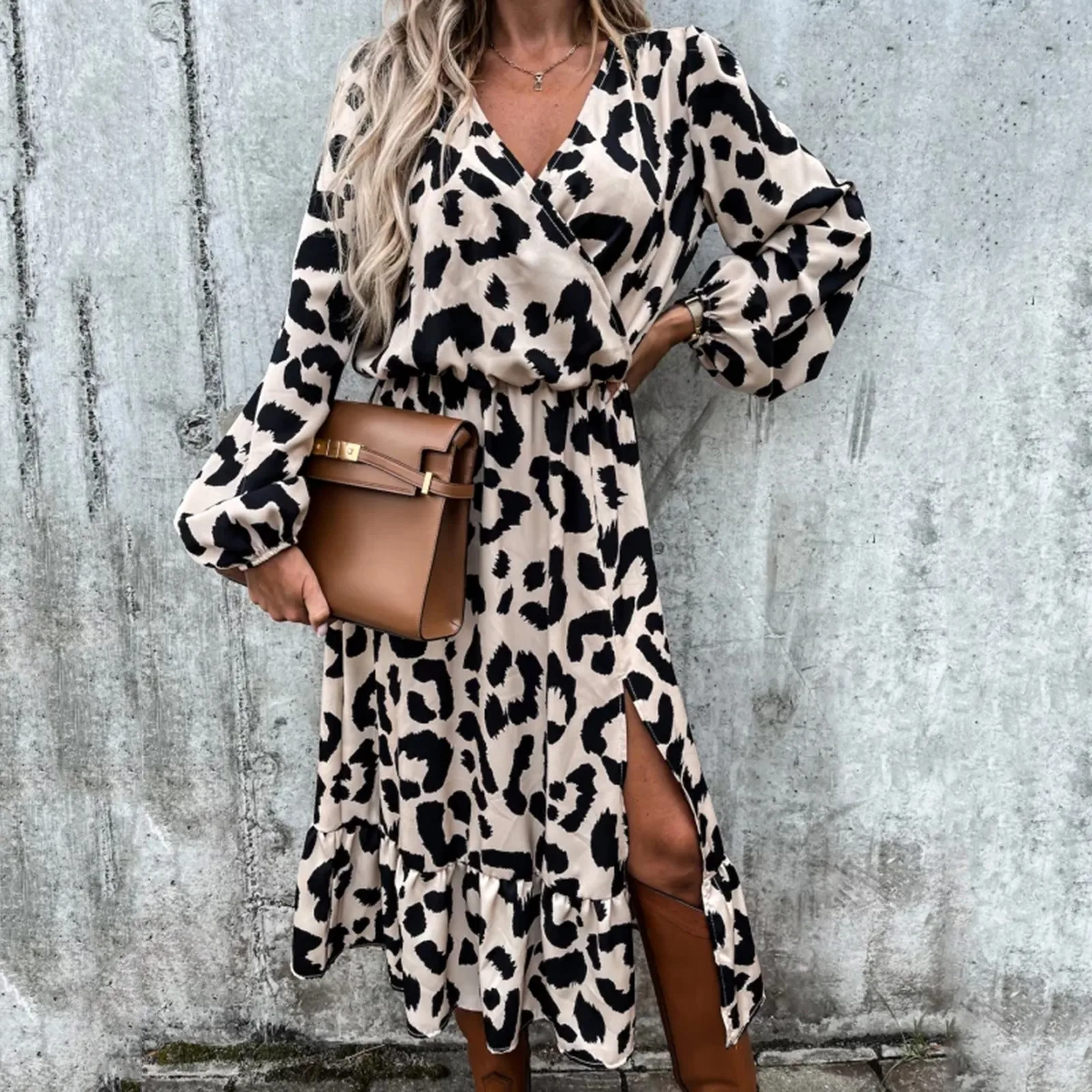 

Платье женское с длинным рукавом, V-образным вырезом и леопардовым принтом