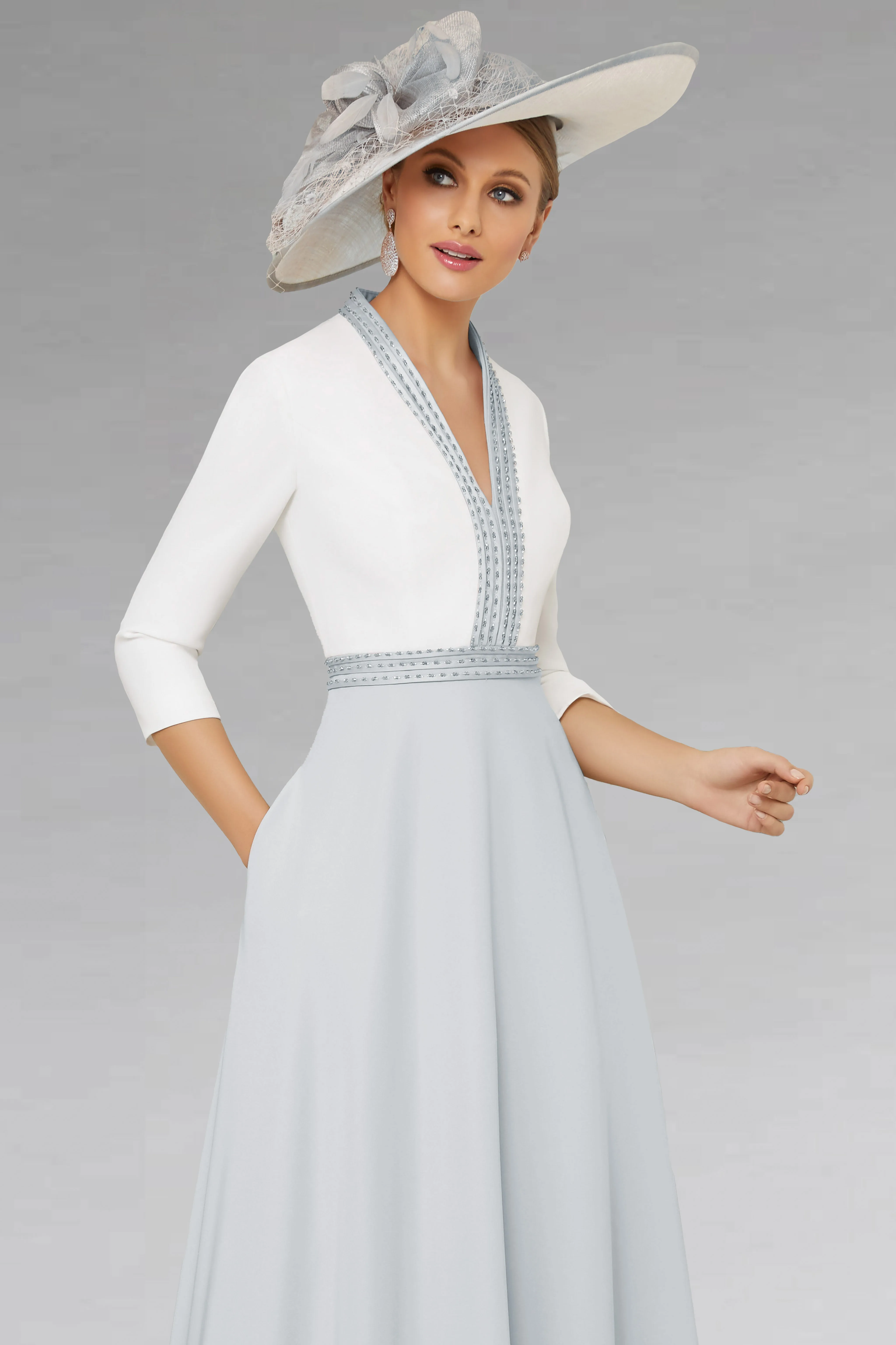 

embellished belt v-neck soft full skirt Beautiful contemporary Mid Length Two Tone Mother of the Bride Dresses With half Sleeves