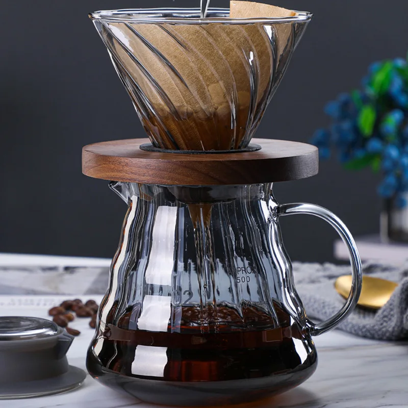 

Pour Over Coffee Set V02 Dripper 500ml Coffee Server Glass Funnel Drip Coffee Maker V60 Filter Brewing Cup with Wooden Holder