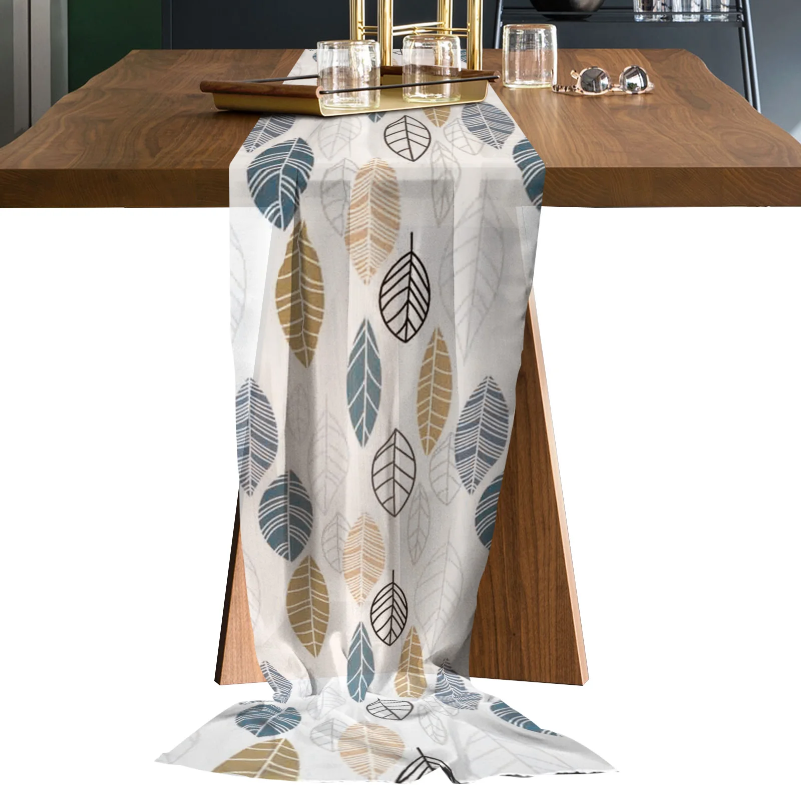

Leaves Stick Color Sheer Chiffon Table Runners Rustic Gauze Dining Tablecloth Wedding Table Decor Gauze Table Runner