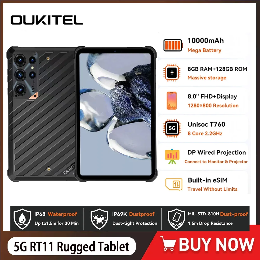 Фото Прочный планшет OUKITEL RT11 8'' на Android для работы на открытом воздухе, 8 МП, 5G, ESIM, IP68, IP69K, водонепроницаемый, ударопрочный, аккумулятор 10000 мАч №1