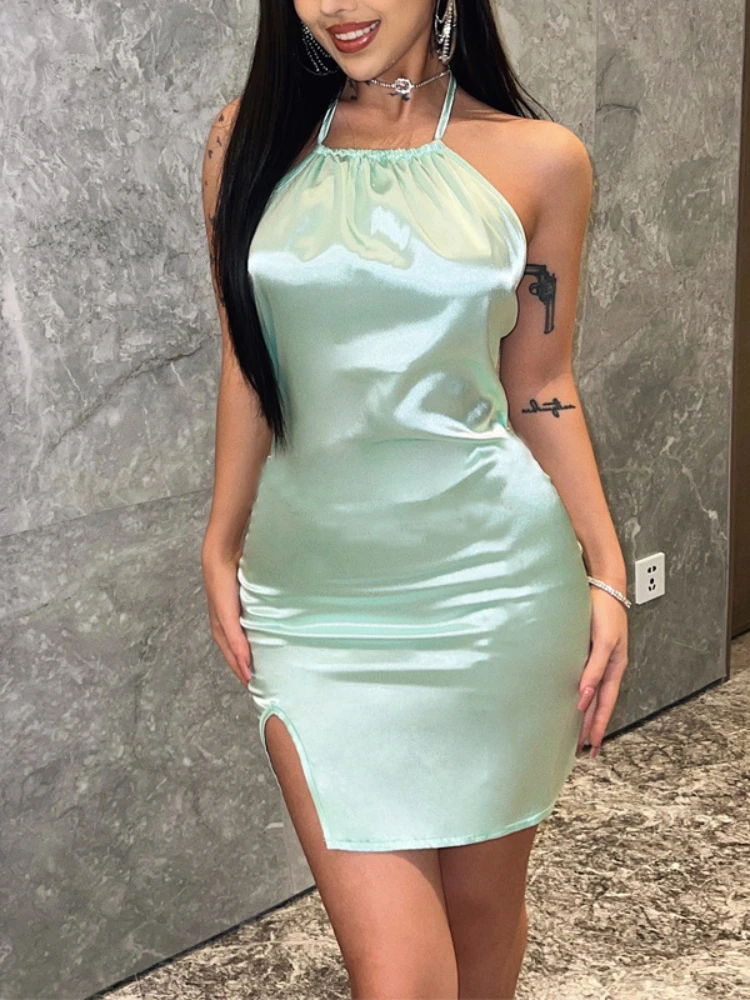 

Женское мини-платье с завышенной талией, однотонное соблазнительное платье с атласной отделкой, лямкой на шее и открытой спиной, весна-лето ...