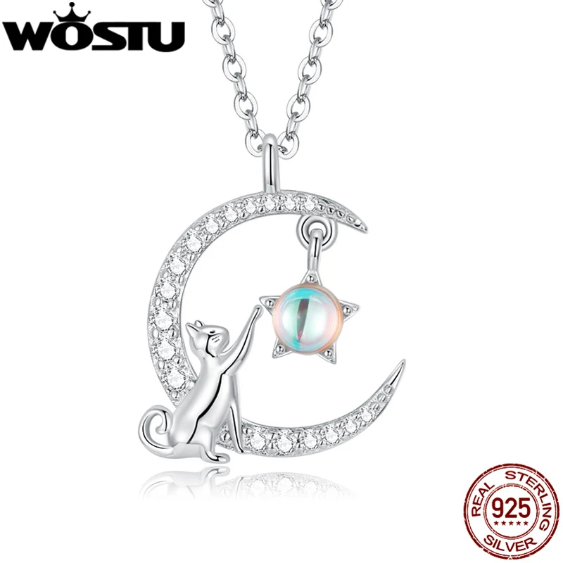 

WOSTU 925 Sterling Silver Cute Cat Necklace Star Zircon Moon Pendant Necklace for Women Fine Jewelry Gifts Adjustable CQN486