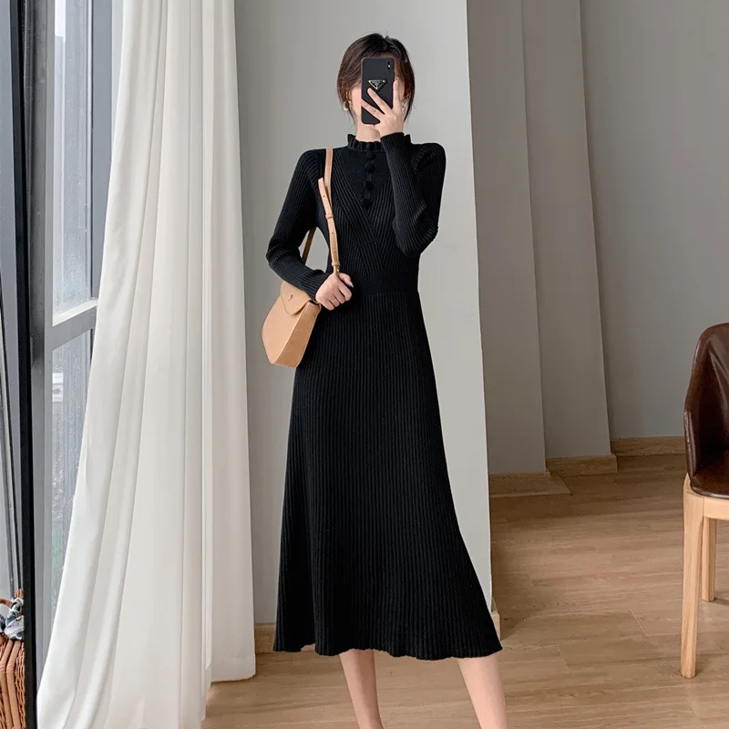 

Women Black Half Turtleneck Knitted Dress Winter Elegant Long Sweater Dress for Office Lady