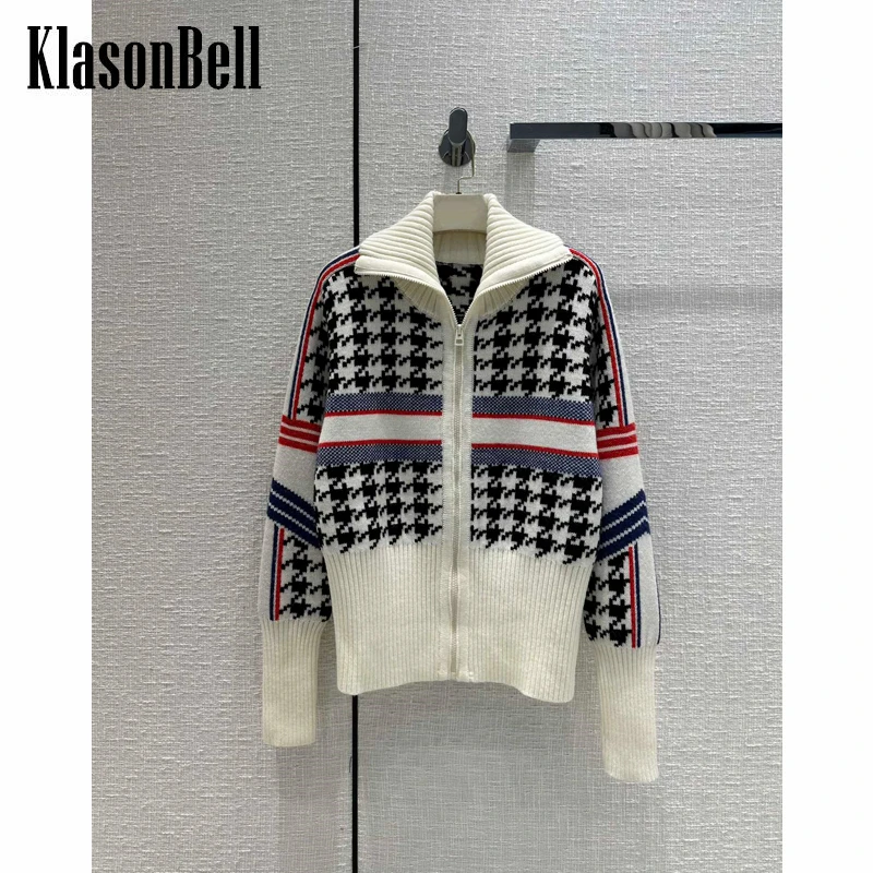 

11.17 KlasonBell Fashion Contrast Color Houndstooth Geometric Letter Jacquard Knitted Zipper Cardigan Women