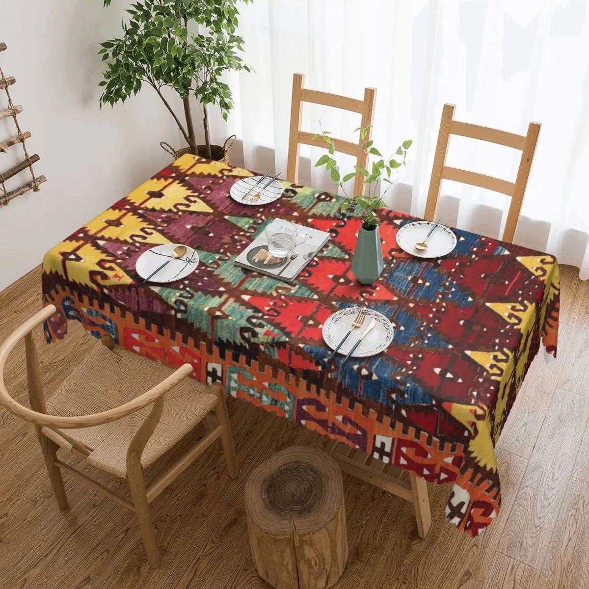 

Aksaray Antique Turkish Kilim Tablecloth Vintage Boho Bohemian Ethnic Persian Tribal Table Cloth Cover for Dining Room