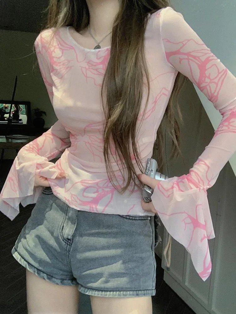 

Pink Tie Dye Mesh Tops Women Spring Summer Flare Sleeve See Through Slim T Shirt Hot Girl Grunge Aesthetic Hotsweet Y2k Clothes