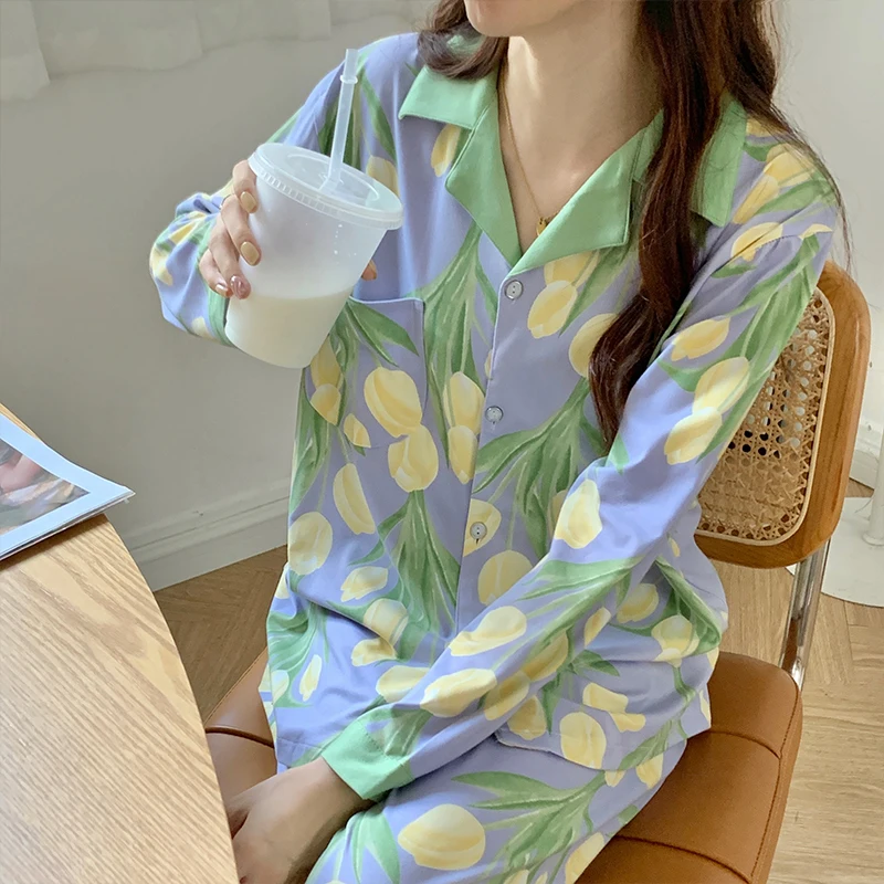 Long sleeve Pajamas Women Summer Sweet Pure Cotton New Tulip Spring and Autumn Winter Student Home Wear Set