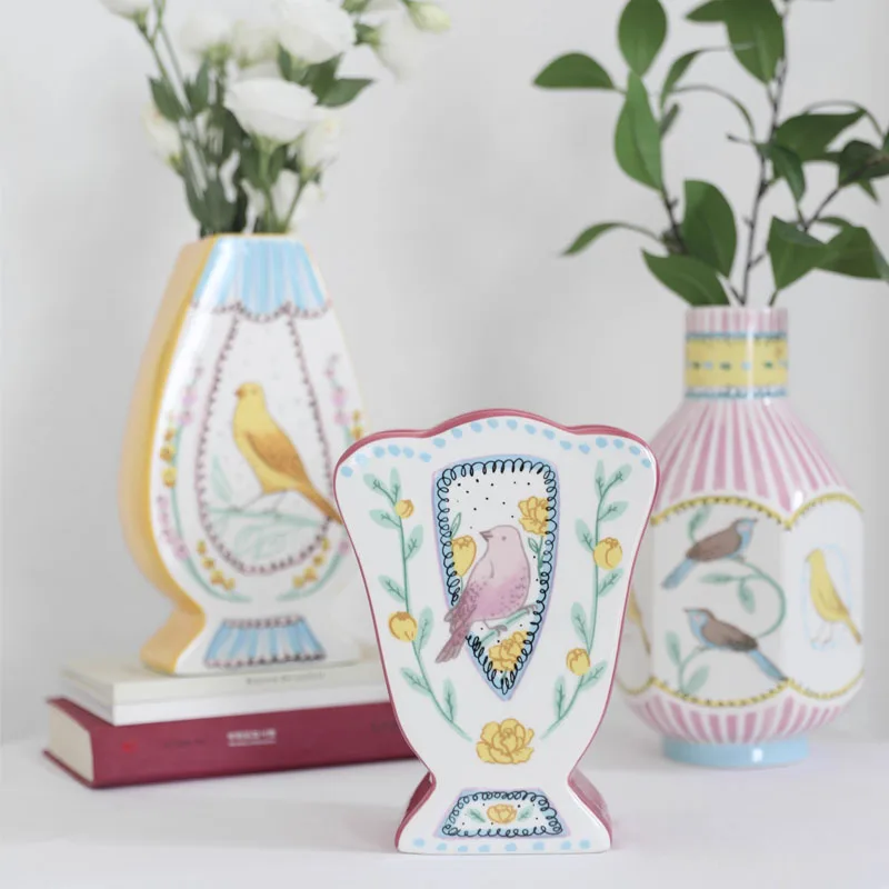 

Керамическая ваза с двусторонней ручной росписью в скандинавском стиле, украшения для гостиной, обеденного стола, контейнер для цветов, украшение для дома