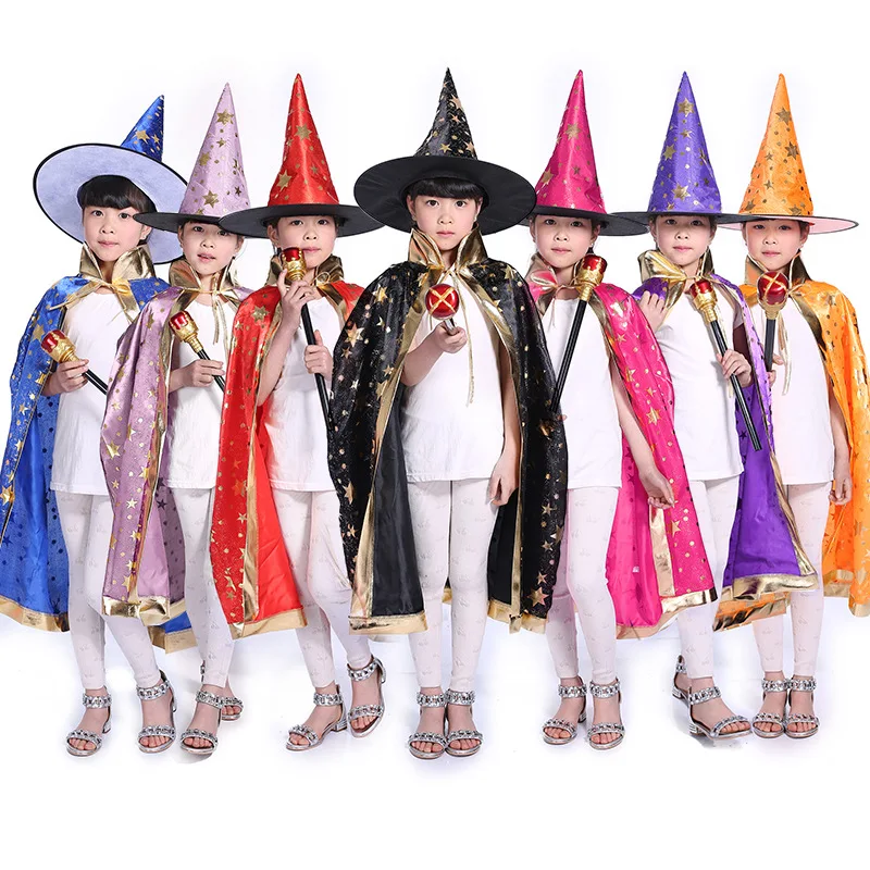 

2020 New Kids Carnival Clothing Children Magician Cosplay Costume Halloween Cape Witch Party Role Play Cloak Hat Age 3-12 Year