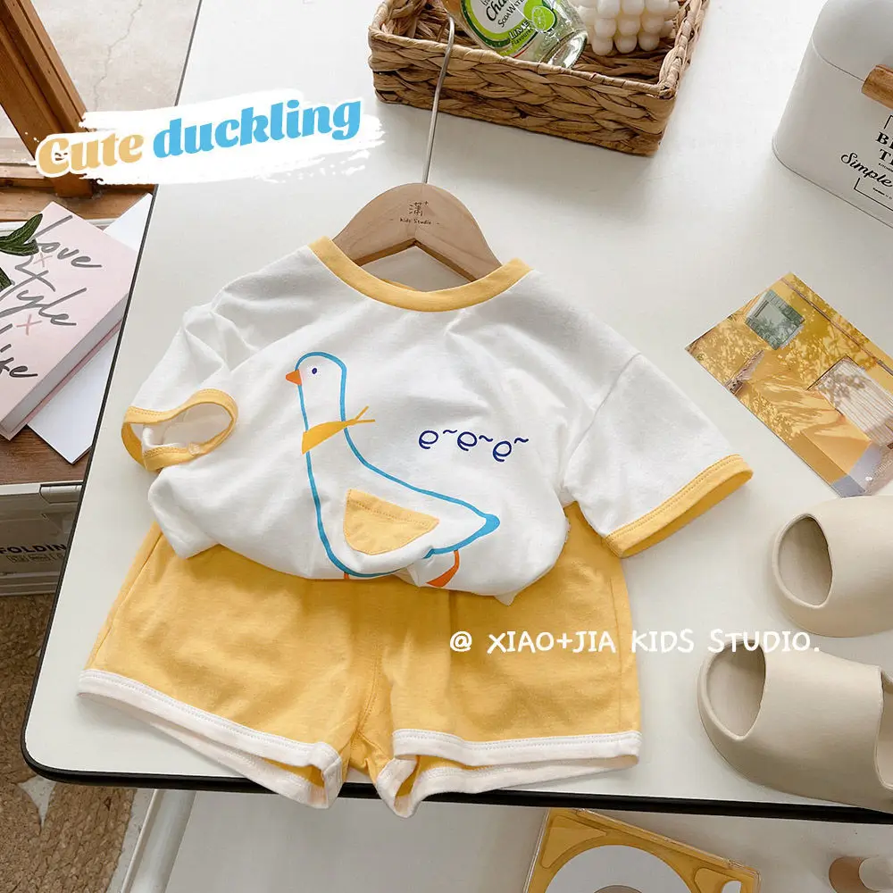 

Cute Duck Printed Girls Summer Clothes Short Sleeve Shirt Tees and Yellow Shorts Korean Style Baby Boys All-matching Clothing