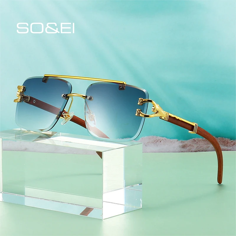 

SO&EI Retro Double Bridges Rimless Square Women Sunglasses Fashion Clear Ocean Gradient Lens Men Metal Leopard Sun Glasses UV400