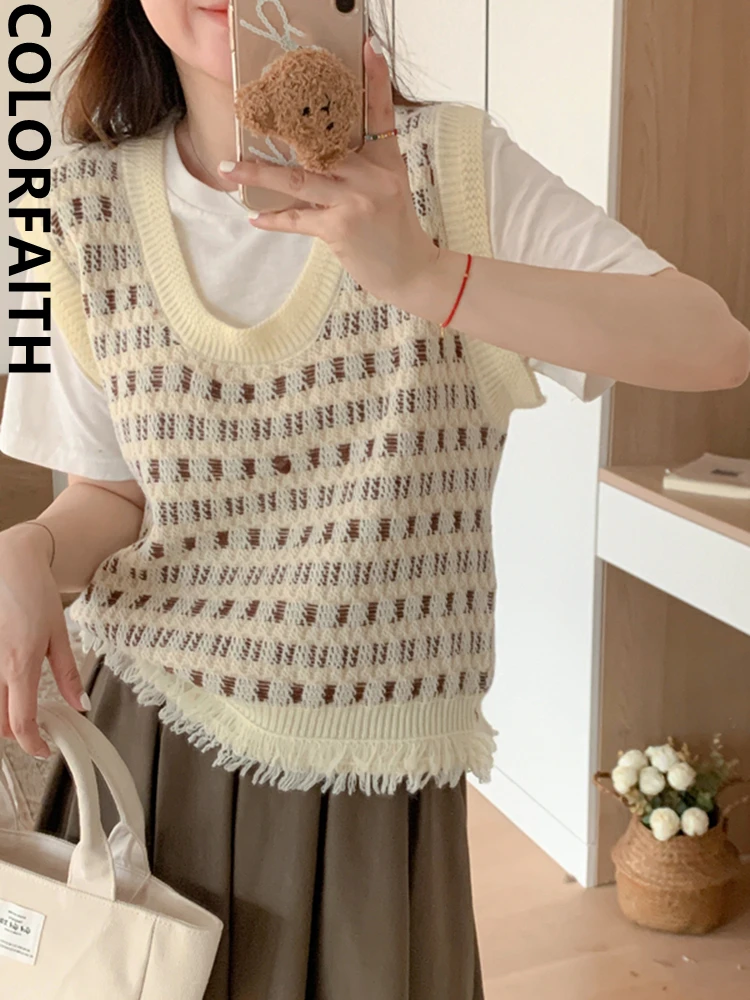 

Colorfaith SWV5435JX Новинка 2023 клетчатый корейский модный жилет с кисточками вязаный винтажный женский осенне-зимний свитер короткие жилеты