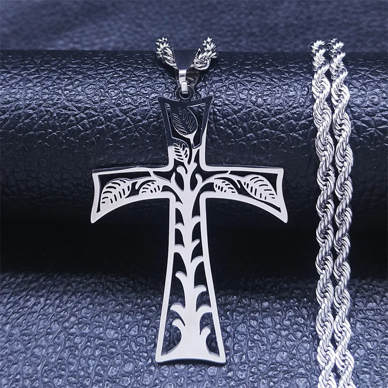 

Stainless Steel Tree of Life Cross Necklace Silver Color Religious Talisman Necklaces Jewelry chaine acier inoxydable N7058S07