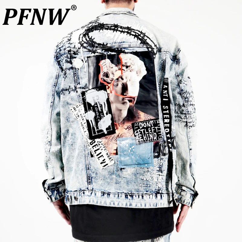 

Мужская джинсовая куртка в стиле хип-хоп PFNW, джинсовая куртка оверсайз с вышивкой и контрастным принтом, мешковатая куртка с рисунком аниме 12A7936 для весны и осени