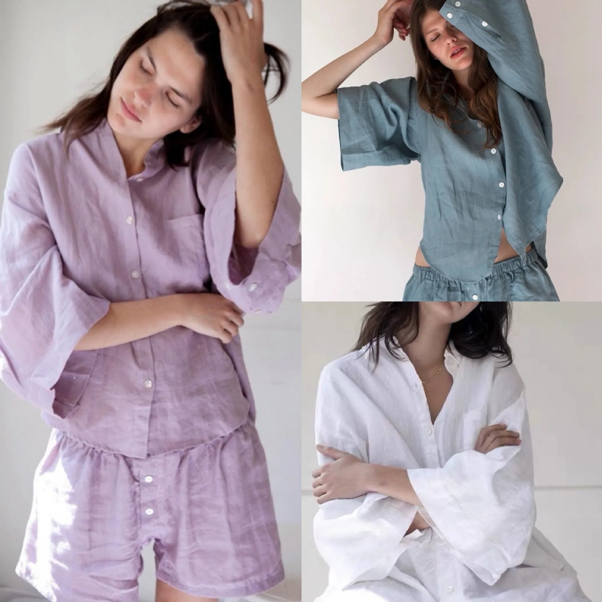 Women Linen Set fashion casual Turn-down Collar Long Sleeve Single Breasted Loose Shirt tops + Elastic Waist Straight Shorts