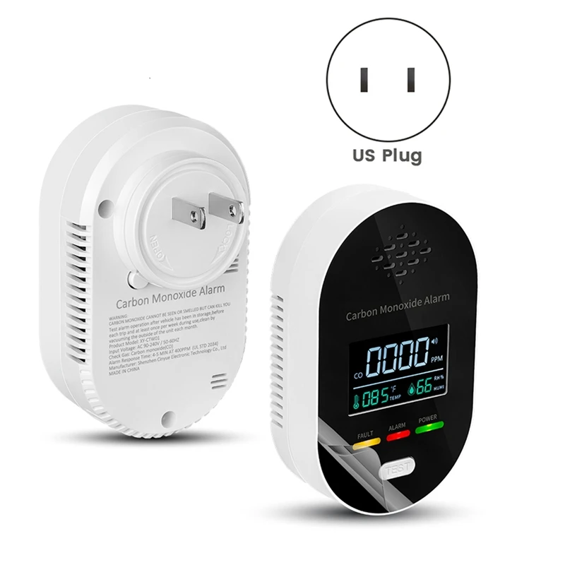 3-In-1 Carbon Monoxide Detector Temperature And Humidity Portable CO Alarm Gas US Plug
