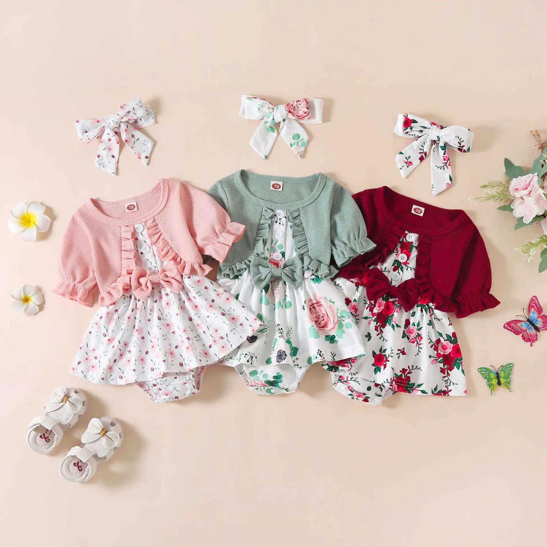 0-18M New Infant Baby Girls Romper Dress Short Sleeve Fake Two Bows Summer Sweet Lovely Jumpsuit With Headband Toddler Clothing