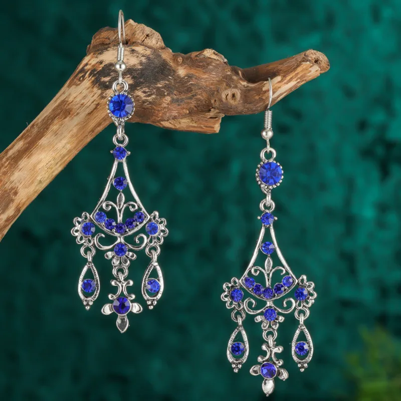 

Ethnic Rhinestone Earrings Antique Silver Color Water Drop Women Long Vintage Tassel Earrings Jewelry