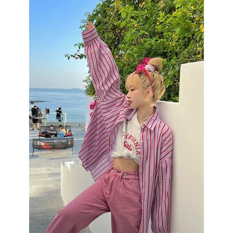 JMPRS Chic Contrast Color Striped Shirt Women Fall 2022 New Korean Fashion Long Sleeve Blouse Girls Casual Single Breasted Tops