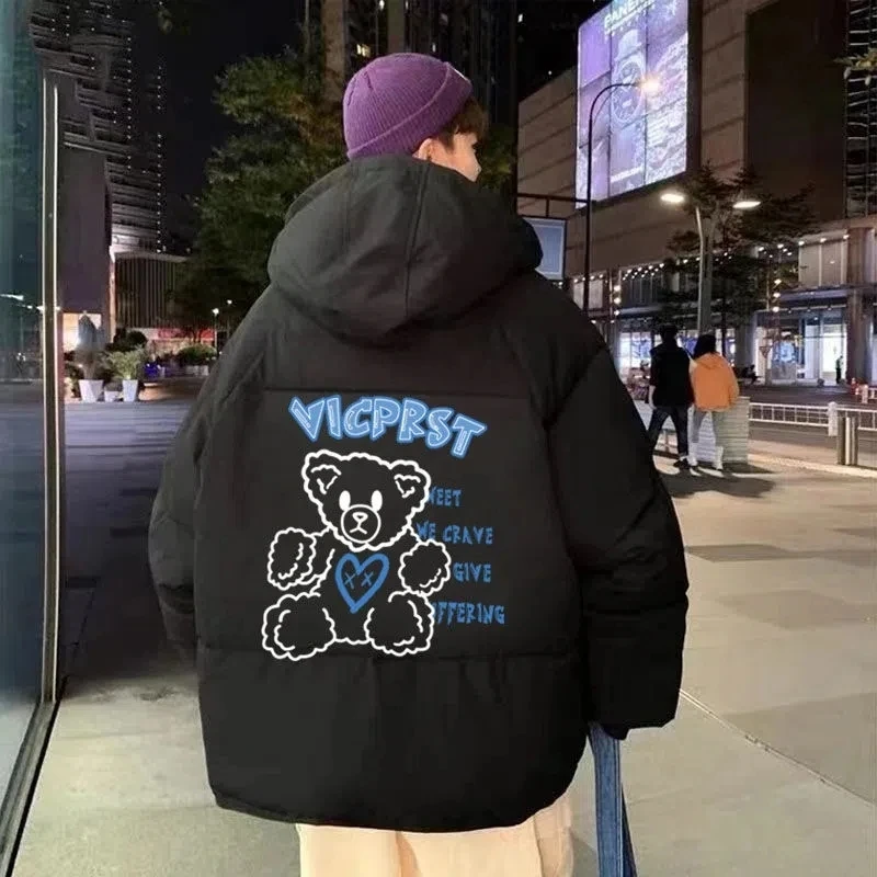 New Winter Puffer Jacket Coat Men Parkas Techwear Women Anime Print Y2k Harajuku Hooded Fashion Casual Loose Zipper Outerwear