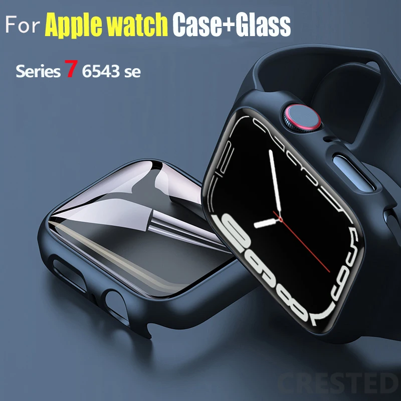 Verre + couvercle pour boîtier Apple Watch, protecteur d'écran pour Apple watch série 7, 45mm 41mm 44mm 40mm 42mm 38mm iWatch 8 3 6 SE, accessoires