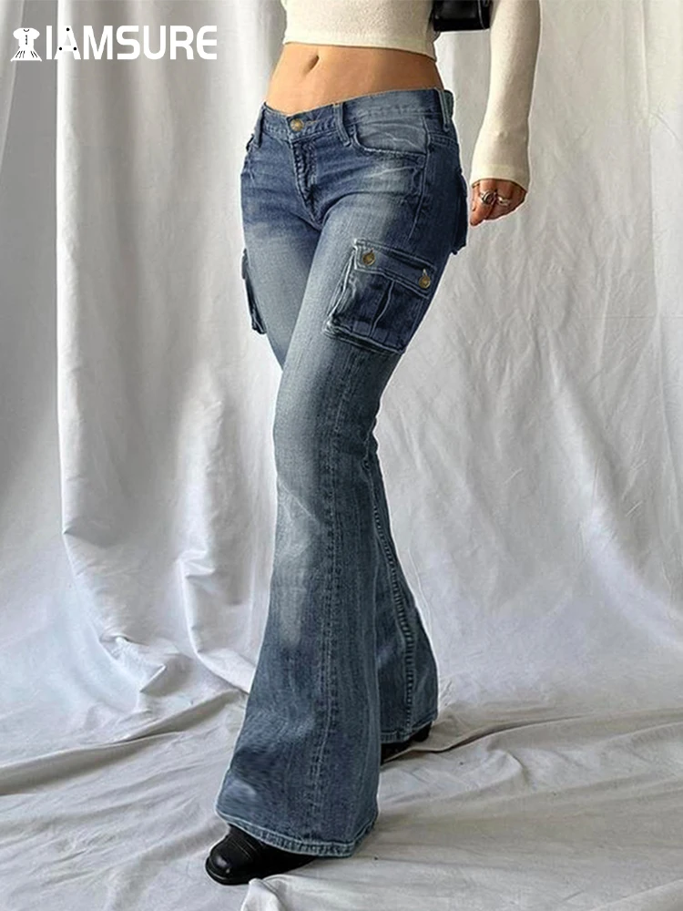 

IAMSURE Safari Style Big Pockets Cargo Jeans Casual Streetwear Low-Waisted Flare Pants Women 2023 Autumn Winter Streetwear Lady