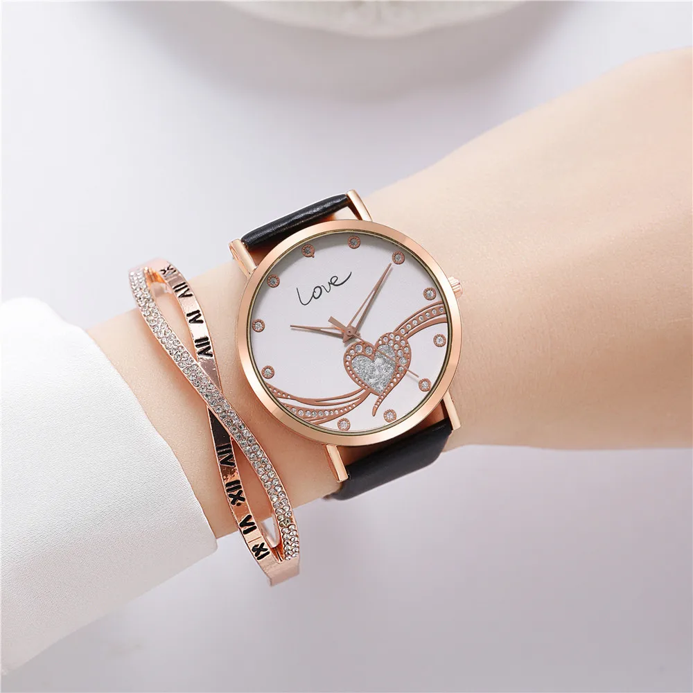 Fashion 2023 Women's Brands Quartz Watches Simple Crystal Heart shape Love Design Ladies Watches Black Leather Luxury Gift Clock