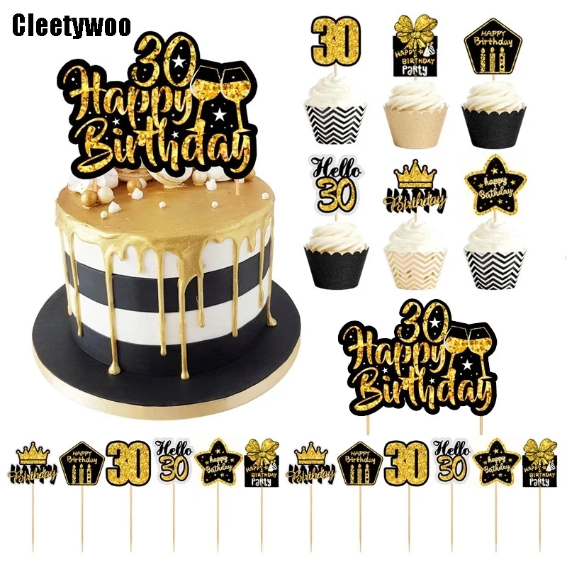 

18 30 40 50 60 Years Old Cupcake Toppers Birthday Party Anniversary Adults 30th 40th 50th 60th Birthday Black Gold Cake Decor