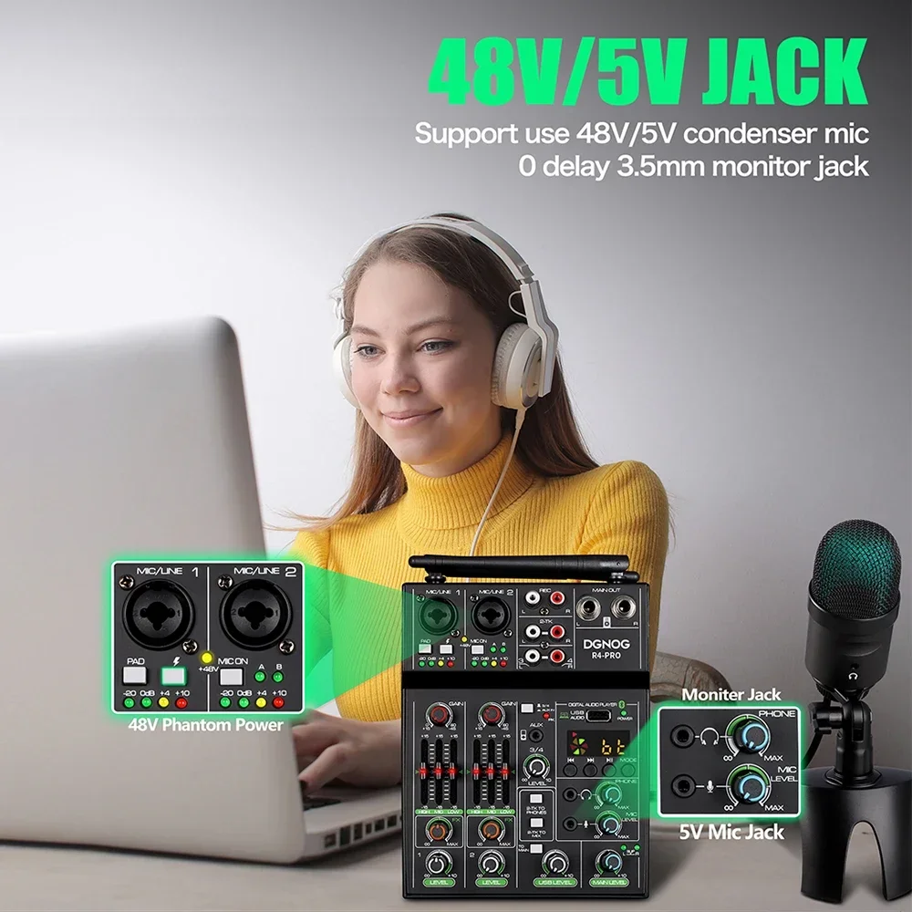 USB-4-канальный микшер с беспроводным микрофоном UHF для записи и микширования