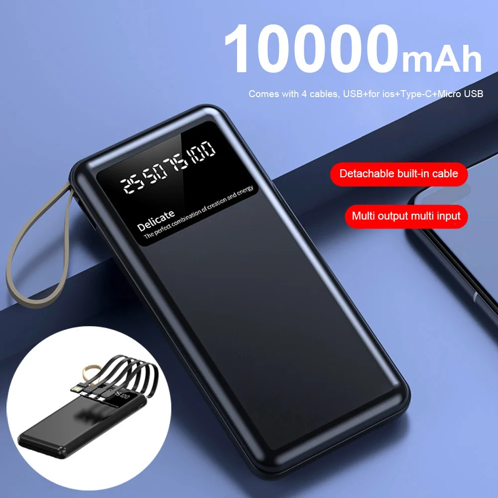 

10000mAh Power Bank Built in Cables USB C Battery Pack Portable Charger Powerbank LED Display For iPhone 14 13 12 Samsung Xiaomi