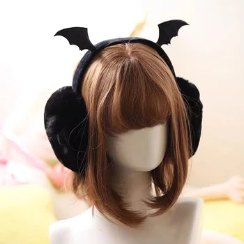 Cute Plush Black Bat Wing Warm Earmuffs Gothic Women's Lolita Dark Girl Warmer Muff Ear Cover Lovely Fold Accessories Headband