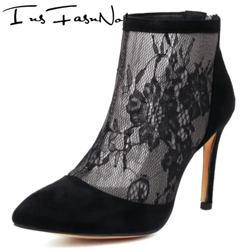 

Women Ankle Boots Air Mesh Hollow Embroidered Thin High Heels Pointed Toe Pumps Back Zipper Solid Color Sexy Party Female Shoes
