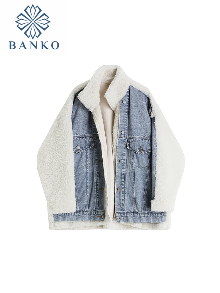 

2022 Winter Women Oversize Korean Fashion Woolen Coat Teddy Jacket Denim Patchwork Outerwear Plush Thick Warm BF Style Vintage