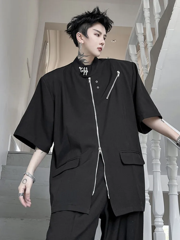 

SYUHGFA 2022 летняя Модная рубашка с воротником-стойкой и коротким рукавом для мужчин, Свободная Повседневная стильная футболка на молнии, топы, ...