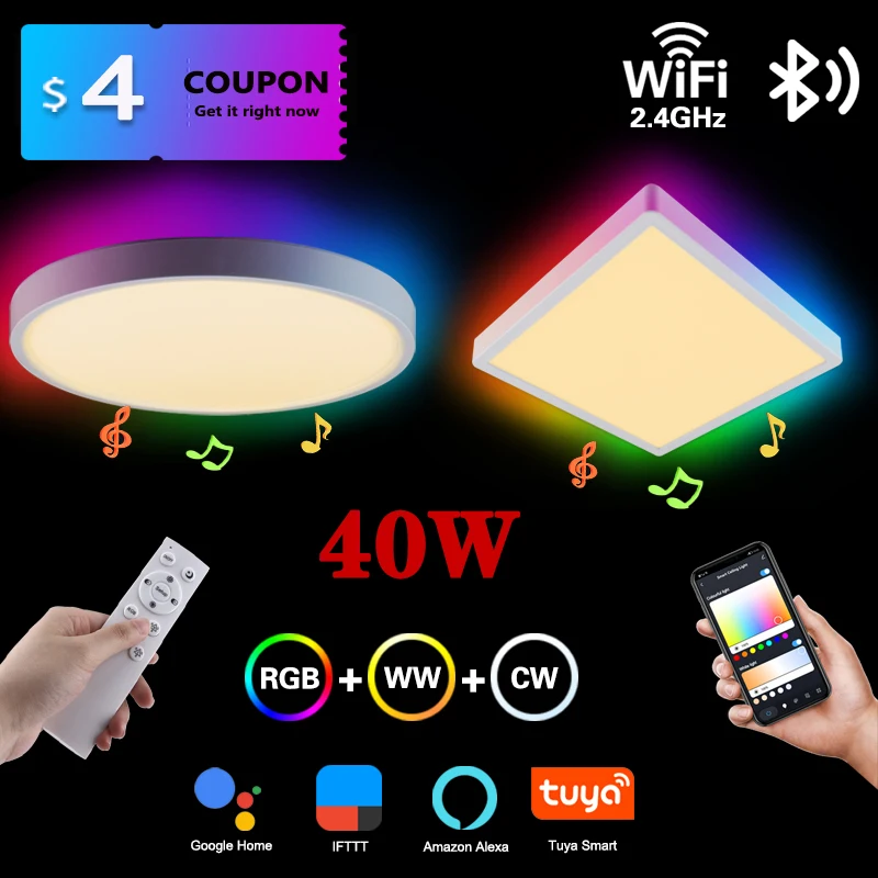 40W Modern WiFi Smart LED Ceiling Light APP Voice Control with Alexa Remote Control Ceiling Lamp RGB+Dimmable Bluetooth Music