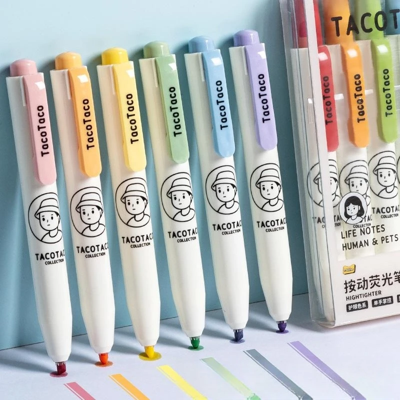 

TacoTaco 6 Colors Pressing Style Highlighters, DIY Painting, Learning Key Markers, Hand Ledger Stationery Supplies