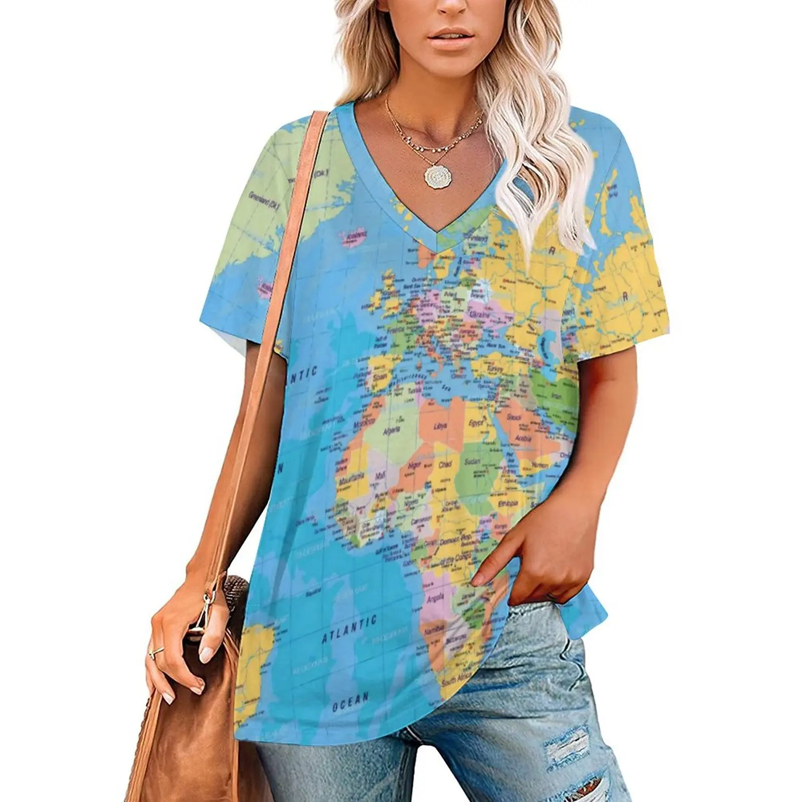 

Earth Map T-Shirts World Maps Print Street Style V Neck T Shirt Short-Sleeve Hip Hop Oversized Tees Beach Tops Birthday Present